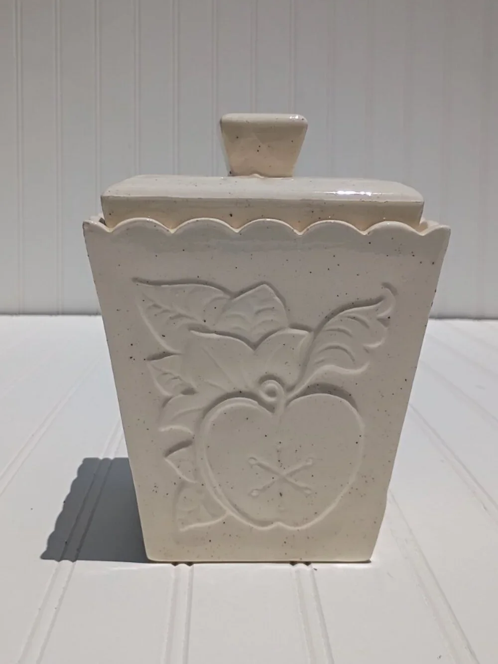 Vintage Ceramic Kitchen Canister with Lid Floral Embossed 4-Sided Beige Speckled